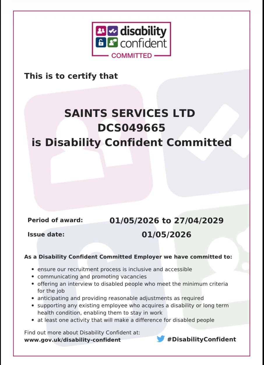 Disability Confident Committed certificate for Saints Services Ltd