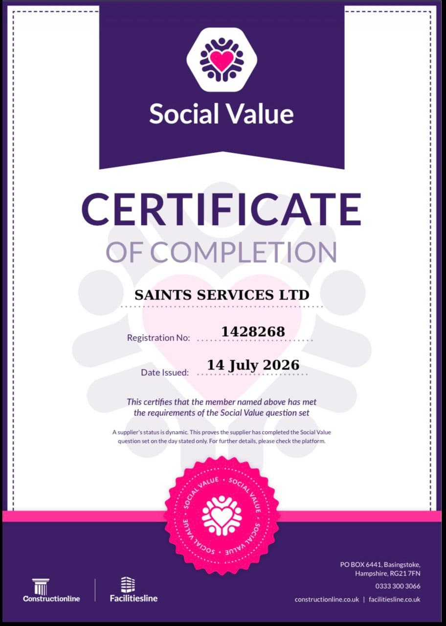 Social Value Certified certificate for Saints Services Ltd